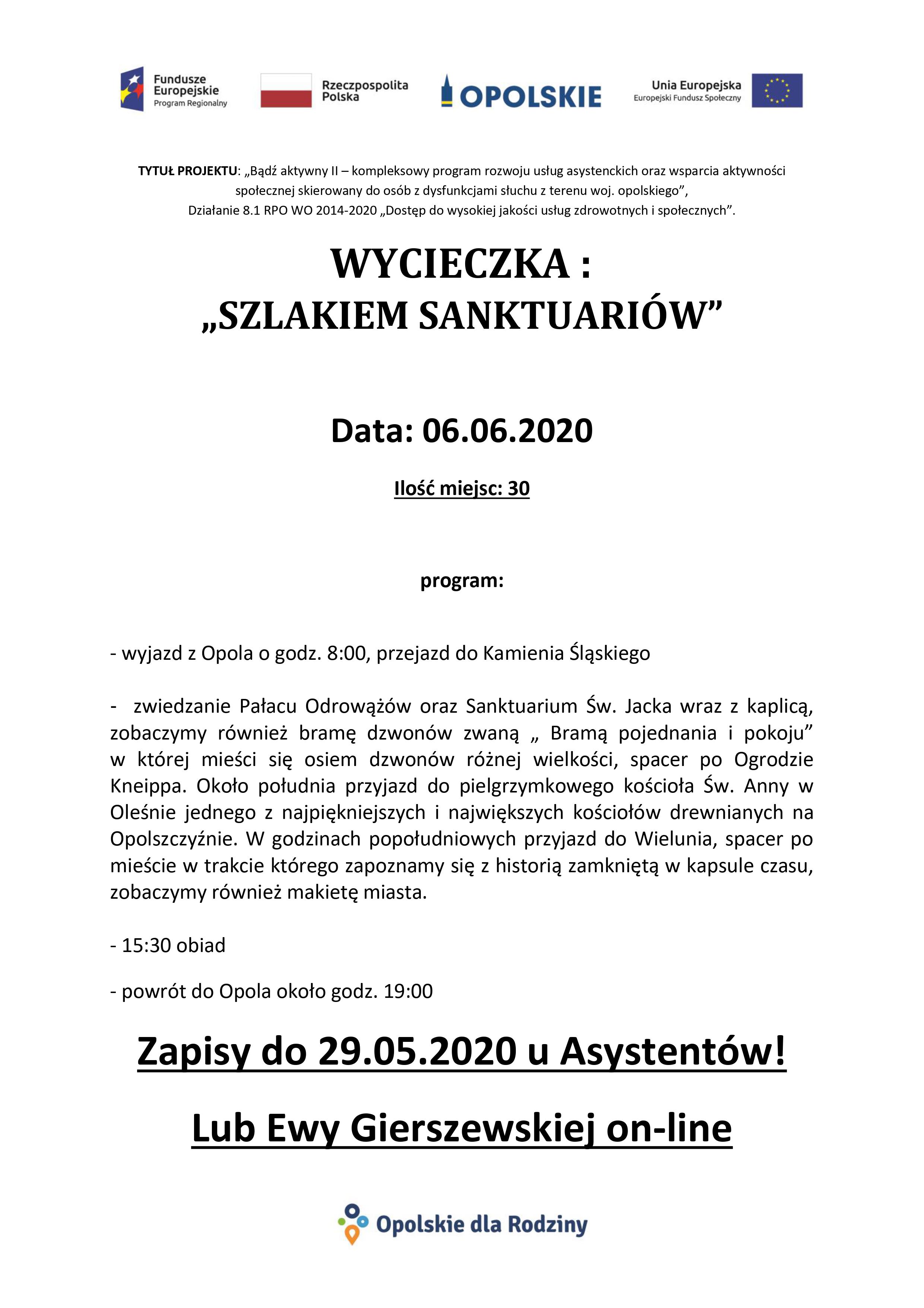 Plakat informujący o wycieczce Szlakiem Sanktuariów. Termin wycieczki, to 6 czerwiec 2020.