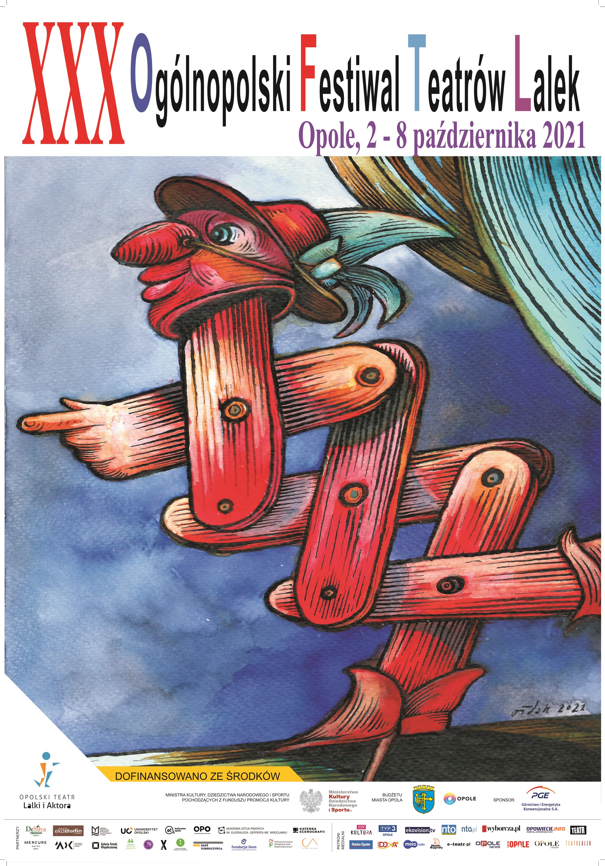 Plakat informujący o 30tym Ogólnopolskim Festiwalu Teatrów Lalek w Opolu