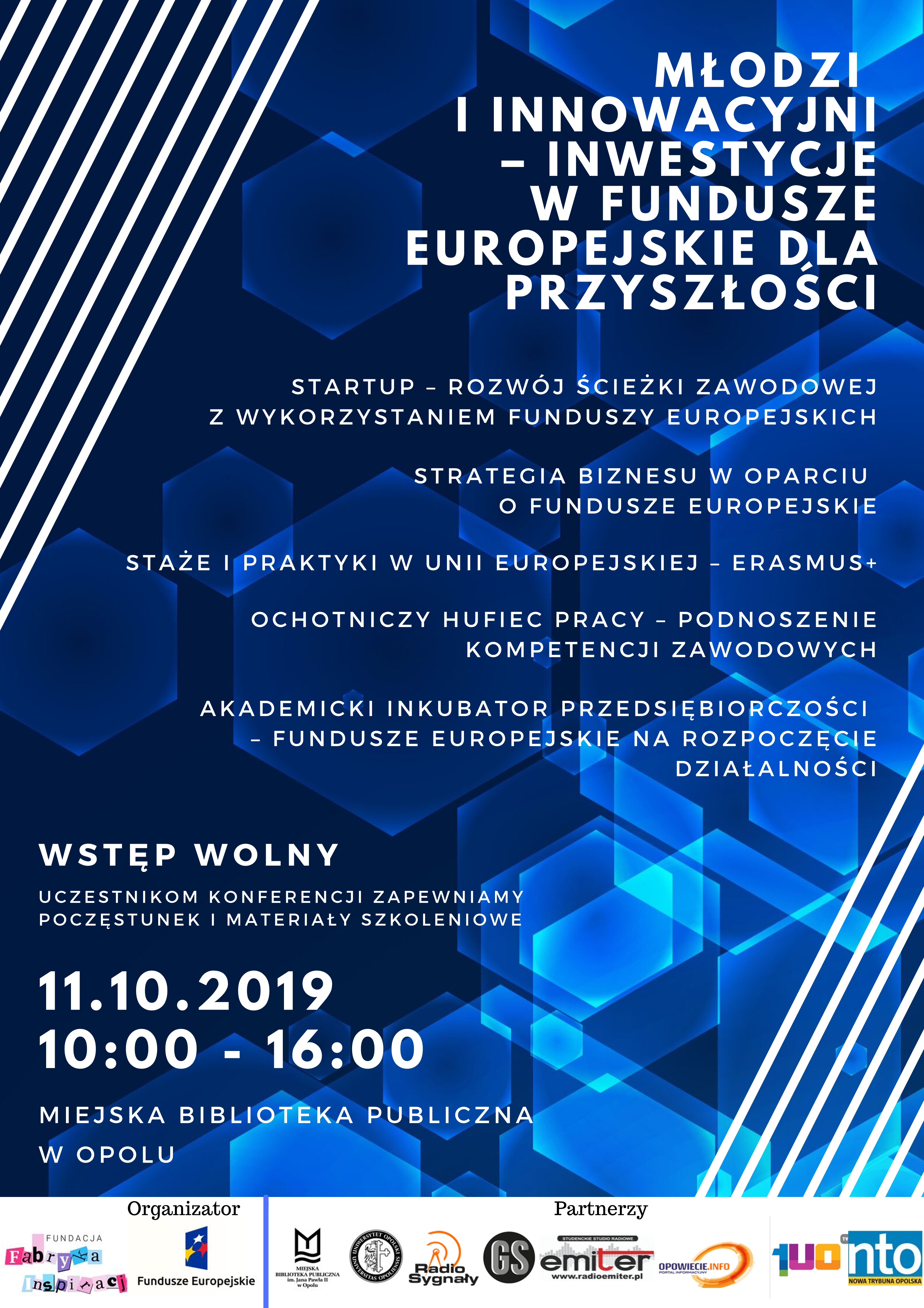 Plakat informujący o konferencji: Młodzi innowacyjni - inwestycje w Fundusze Europejskie dla przyszłości.