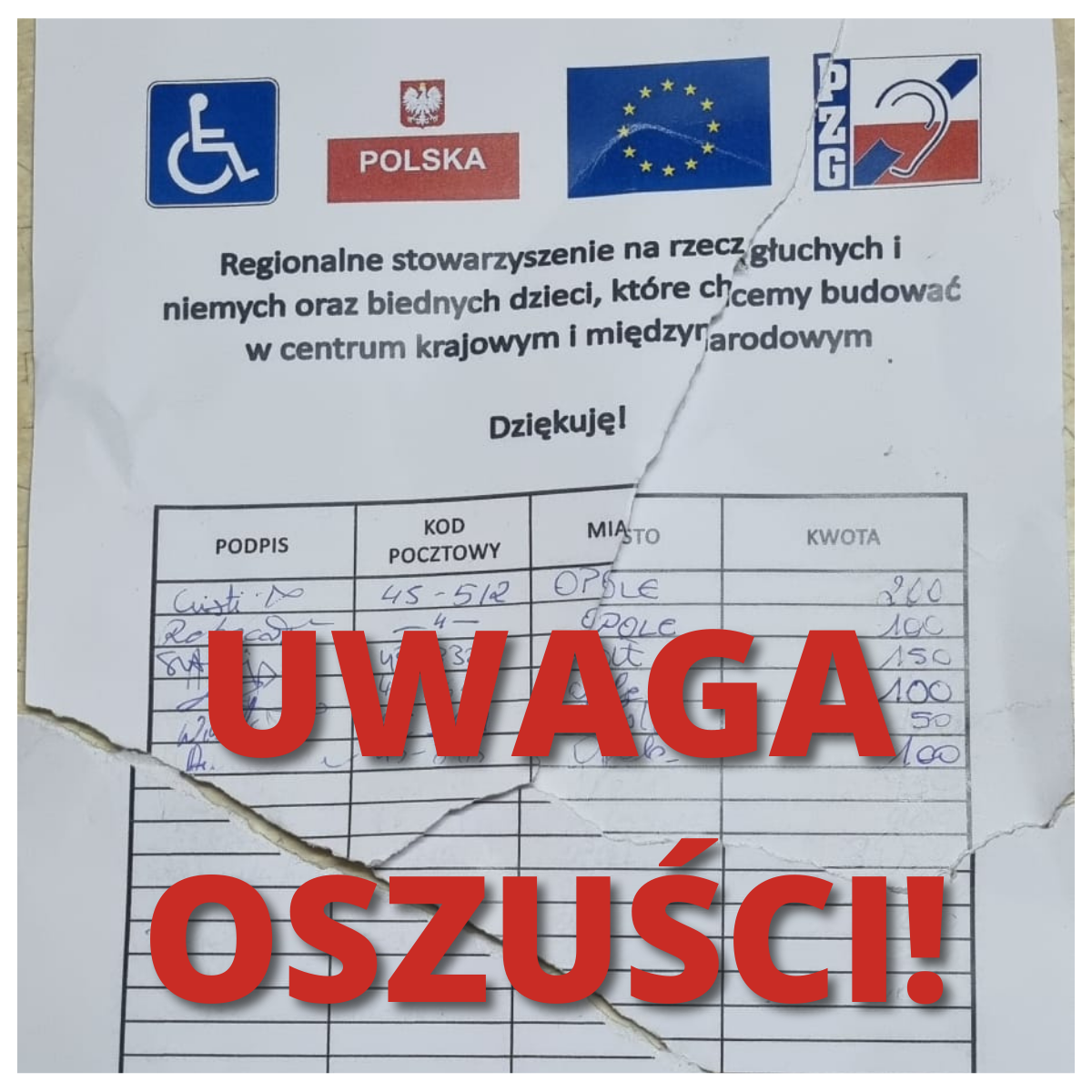 Zdjęcie przykładowej fałszywej listy zbiórki 