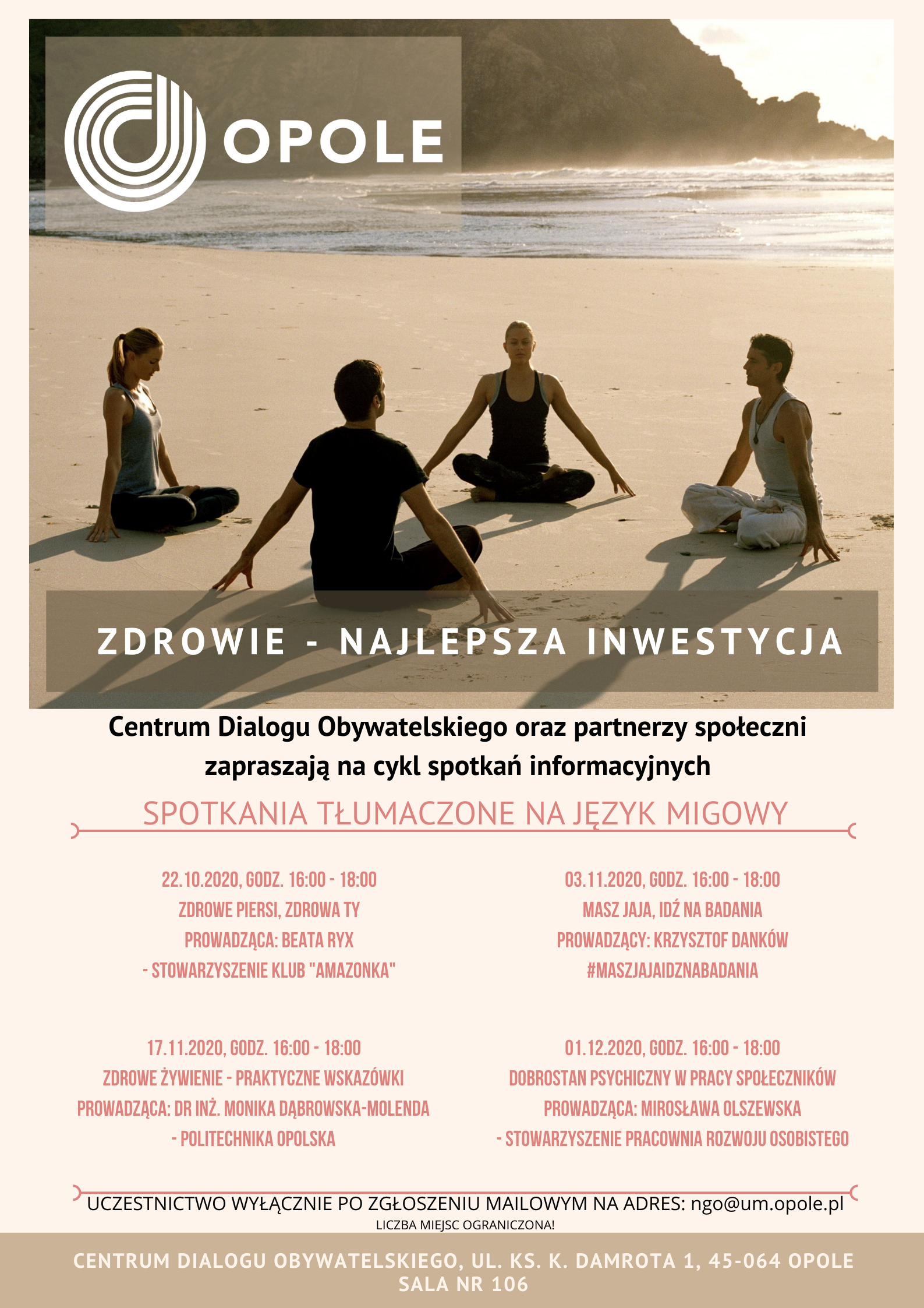 Plakat autorstwa Centrum Dialogu Obywatelskiego, informujący o cyklu spotkań pt. Zdrowie - najlepsza inwestycja