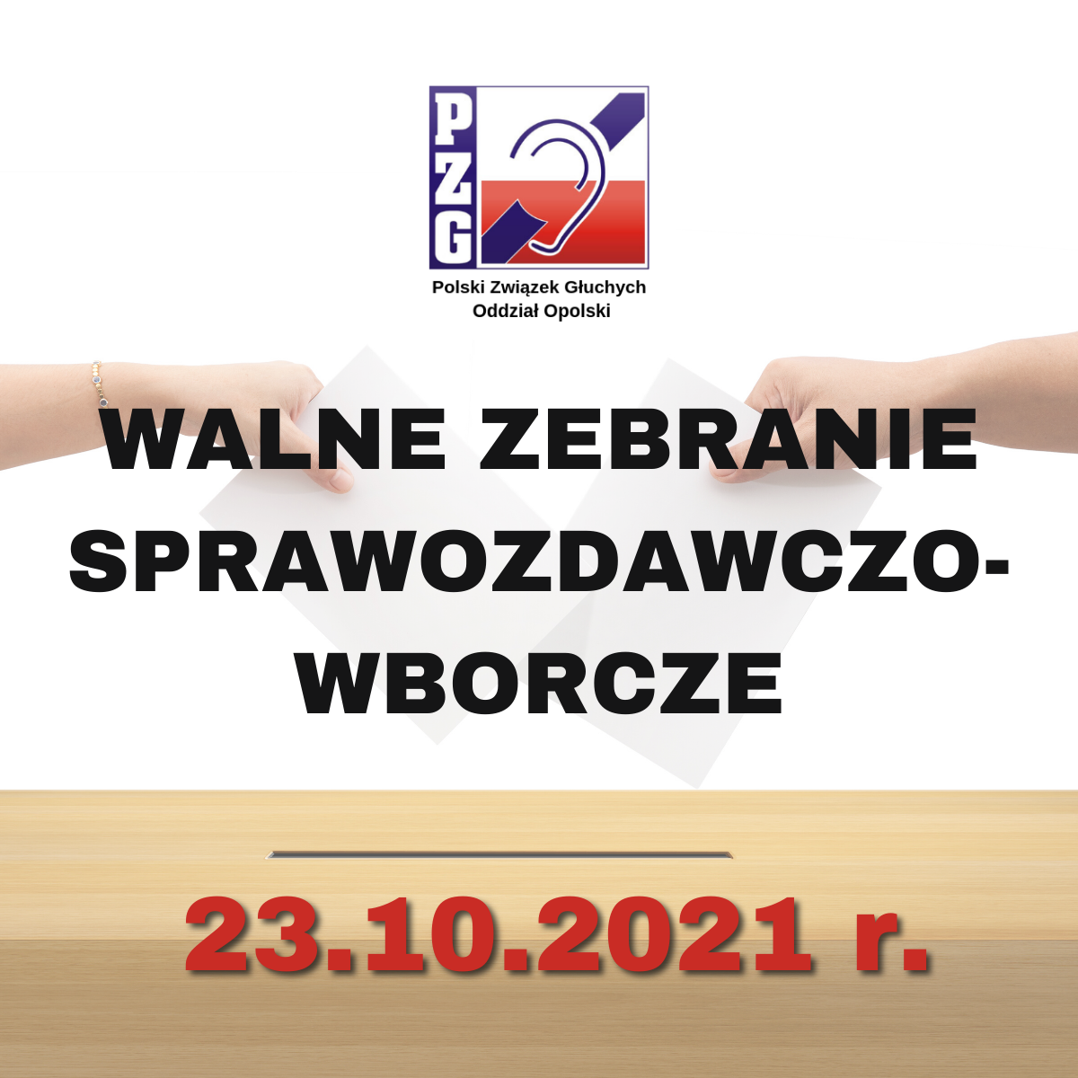 Grafika informująca o Zebraniu Sprawozdawczo-Wyborczym. Napis, a w tle dwie ręce wkładające kartki do urny wyborczej.